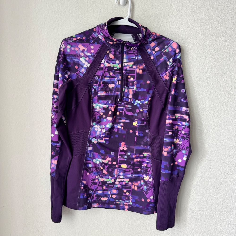 Tek Gear DryTek Purple Abstract City Lights Quarter Zip Pullover Thumbholes S